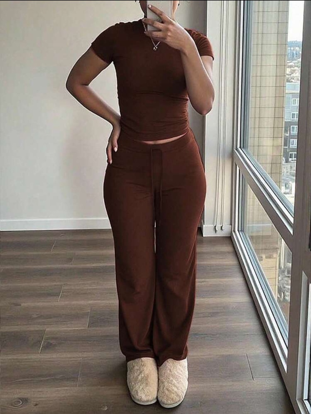 Flare Leggings and Tee Lounge Set - Brown